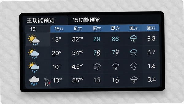 15日天气预报王功能预览图，屏幕上展示15天天气列表，包含温度、风力、降水概率等详细数据，左侧配有晴雨图标，背景为简洁的浅灰色纹理，突出信息清晰易读