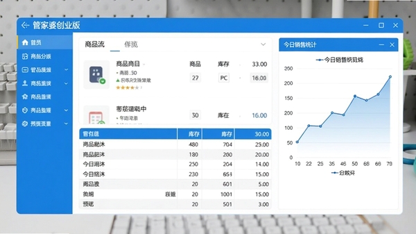 管家婆创业版主界面预览图，画面左侧是导航菜单栏，中间是商品列表与库存数量表格，右侧是今日销售统计折线图，整体采用蓝白配色，界面简洁明亮，背景为浅灰色工作台，软件名称显示在顶部标题栏