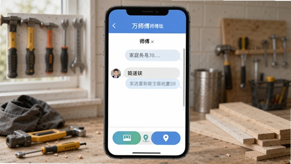 万师傅师傅版家庭服务在线聊天界面,师傅与用户对话窗口,包含发送图片、位置定位功能按钮,背景有工具和材料,画面真实自然