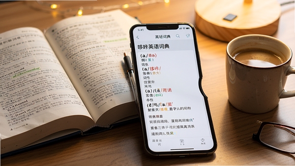 展示哆咔英语词典离线词库的界面截图风格图片，画面中一部智能手机显示单词解释详情，包括音标、词性、多个中文释义和例句，手机旁边摆放着打开的纸质词典和咖啡杯，背景是暖色调的书桌，风格写实，光线自然，突出软件的学习氛围。