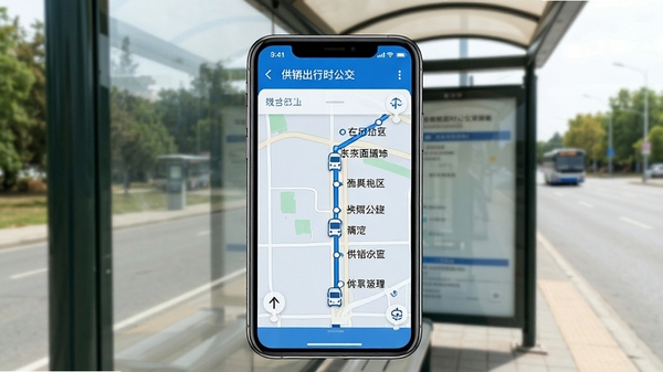 供销出行实时公交功能截图，手机屏幕显示公交线路地图，车辆图标正在移动，站点名称清晰标注，界面简洁，色彩以蓝色和白色为主，演示环境为户外候车亭，画面比例16:9
