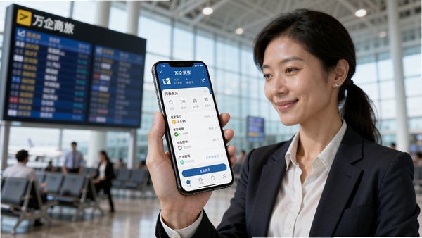 现代商务人士手持手机使用万企商旅应用，屏幕显示差旅预订界面，背景是机场候机大厅与航班信息板，人物着装干练，画面明亮，突出高效便捷的移动办公场景，博古AI生成