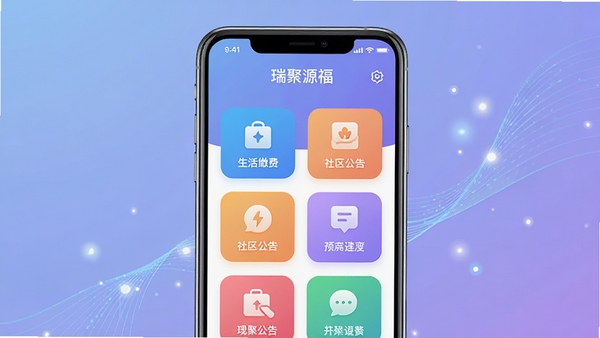 创作一幅现代感十足的手机应用界面预览图，画面中央是一部亮屏的智能手机，屏幕上清晰展示着名为“瑞聚源福”的APP首页，界面布局清爽，包含生活缴费、社区公告等彩色功能图标，背景采用柔和的渐变蓝紫色，并带有抽象的线条与光点装饰，营造出科技感与亲和力并存的氛围，竖版构图。