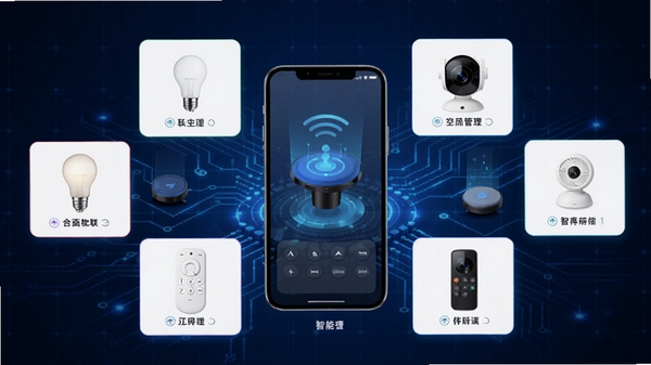 一合物联软件功能展示图，展示多款智能设备卡片围绕手机排列，包括灯泡、摄像头、空调遥控器，背景为深蓝色科技网格，突显设备管理的全面性与秩序感。