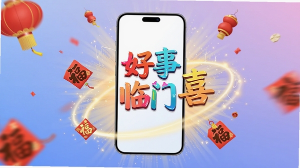 画面主体为一部亮屏的智能手机,屏幕中央清晰显示“好事临门喜”五个彩色艺术字,手机周围环绕着金色光芒与飘落的红色喜庆元素如灯笼、福字,背景为柔和的渐变蓝紫色,整体风格明亮、现代、充满活力,适配移动端应用商店宣传图场景