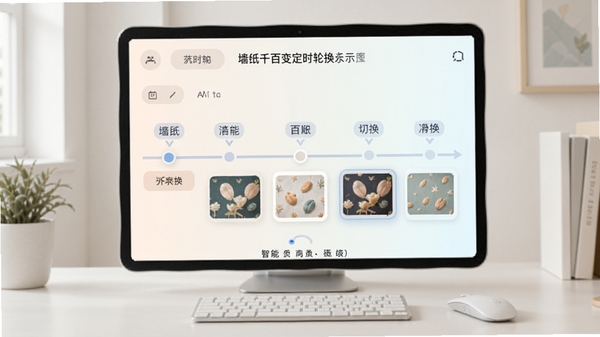 墙纸千百变定时轮换功能示意图，画面显示时间轴设置界面，有多个时间节点和壁纸缩略图，背景为干净的桌面环境，色彩柔和，突出智能切换的流畅感