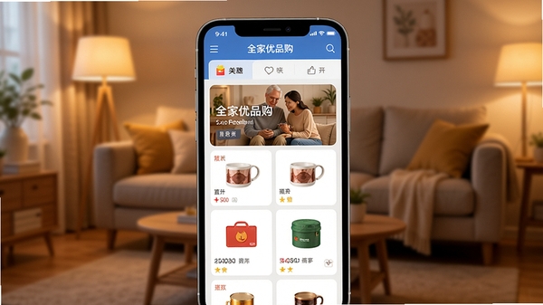 全家优品购app主界面展示,智能手机屏幕显示分类清晰的购物商城,背景是温馨的居家客厅环境,暖色调光线,商品卡片整齐排列,画面中心突出,细节丰富,4k高清