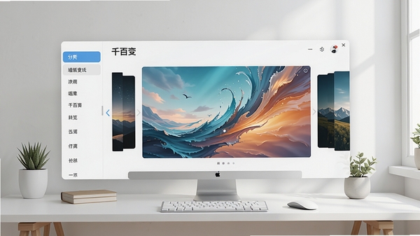 墙纸千百变软件主界面预览图，展示动态壁纸轮播效果和分类列表，背景为现代简约风格桌面，壁纸展示框居中，左侧为分类导航栏，整体色调清新明亮，细节丰富，高清渲染