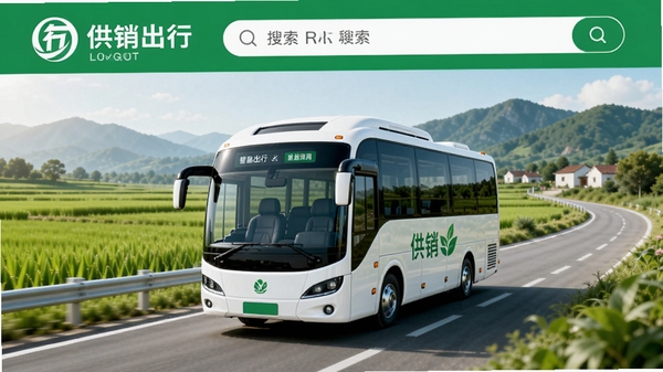 供销出行app主界面展示,画面中央显示一辆白色新能源客车行驶在城乡公路上,背景是农田与远山,界面顶部有供销出行logo与搜索框,整体色调以绿色和白色为主,风格简洁明亮,突出智能出行与城乡连接主题