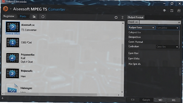视频转换软件工作台界面，显示Aiseesoft MPEG TS Converter主窗口，左侧为视频文件列表，右侧为输出格式选项，背景为深色科技感风格，图标清晰，整体画面专业且明亮
