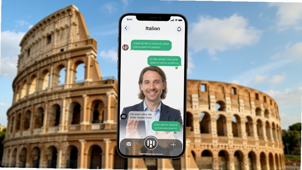 Italian Ai 是一款智能意大利语学习软件,画面中央是一部亮着屏幕的智能手机,屏幕内显示与AI外教的对话界面,背景是模糊的意大利罗马斗兽场与蓝天白云,整体色调温暖明亮,突出语言交流与文化氛围。