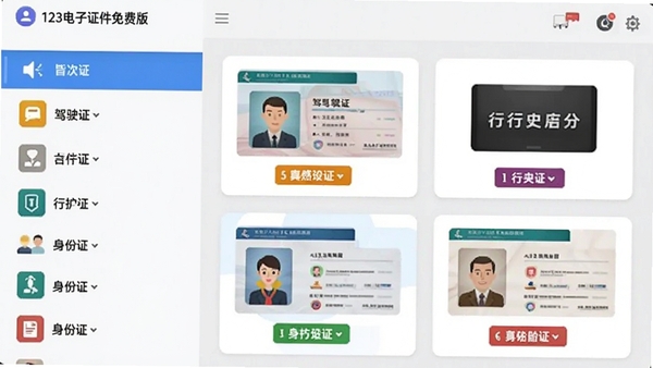 123电子证件免费版智能归类功能界面,左侧显示分类列表,右侧展示证件卡片,包含驾驶证、行驶证、身份证等,背景为浅灰色,卡片色彩分明,有分类图标和标签,风格清晰直观