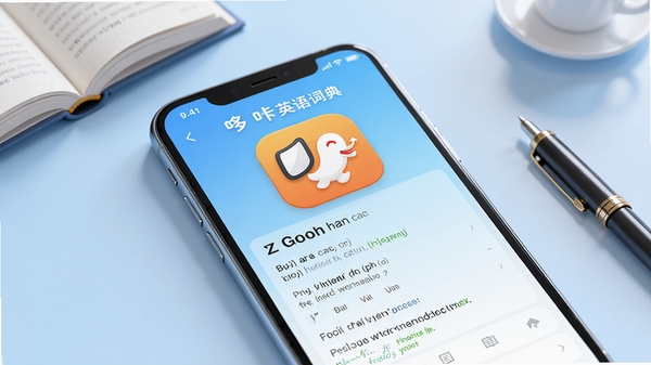 在明亮简洁的手机界面上，哆咔英语词典应用处于屏幕中央，界面显示单词查询结果，包含单词拼写、音标、释义和例句，背景为浅蓝色渐变，整体风格干净现代，高清渲染，应用图标醒目，周围有书本和笔的装饰元素，光线柔和，细节丰富。