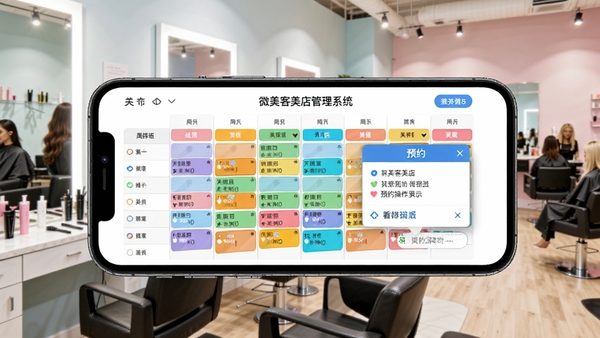 微美客美店管理系统预约看板操作演示图,画面为手机横屏显示周排班表格,不同颜色代表不同员工,有预约弹窗提示,背景为明亮的美发沙龙工作区,视角略俯视,色彩明快,细节丰富