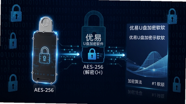 优易U盘加密软件加密算法示意图，展示数据加密与解密过程，背景为二进制代码与锁形图标，突出AES-256加密技术，画面带有科技感，包含优易U盘加密软件字样