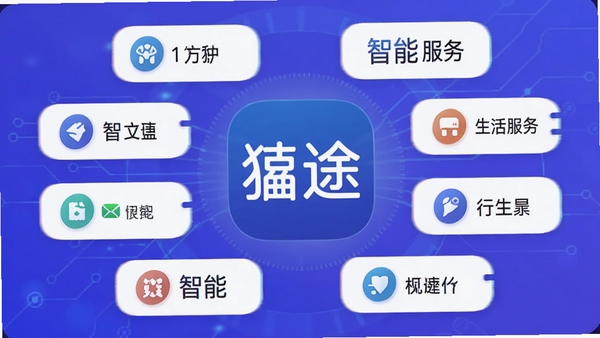貔途应用主界面展示,画面中央是貔途的logo图标,周围环绕着生活服务、智能工具等模块图标,背景为渐变的蓝紫色科技感背景,整体风格简洁明亮,突出貔途的核心功能与便捷属性,画面分辨率高,适合作为软件预览图。