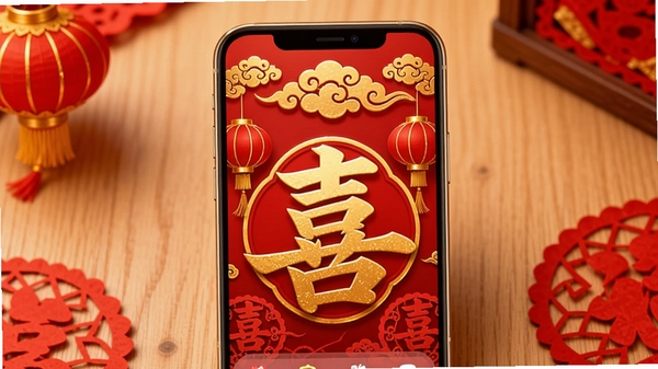 好事临门喜主界面预览图，画面中央是一款红色喜庆风格的手机应用界面，界面顶部有金色祥云纹饰，中部展示大号金色“喜”字标识，四周环绕红灯笼与剪纸元素，背景为暖色调的木质桌面，整体氛围欢乐祥和，高清细节丰富。