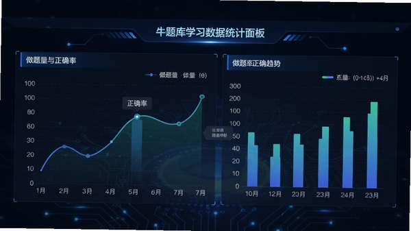 公安基础知识牛题库学习数据统计面板，展示折线图与柱状图，包含做题量与正确率趋势，背景为深色科技感界面，数据可视化风格清晰直观