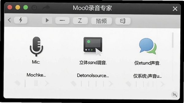 Moo0录音专家音频输入选项界面，显示麦克风、立体声混音、仅系统声音等多种来源，图标化设计，直观易懂