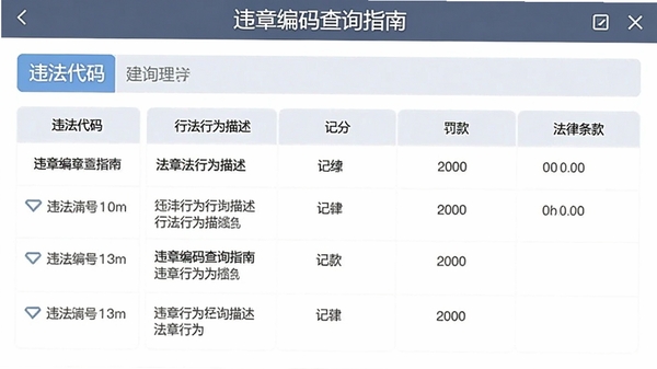 违章编码查询指南软件内查询结果页,显示违法代码、违法行为描述、记分、罚款和法律条款,界面布局规整,信息层次分明