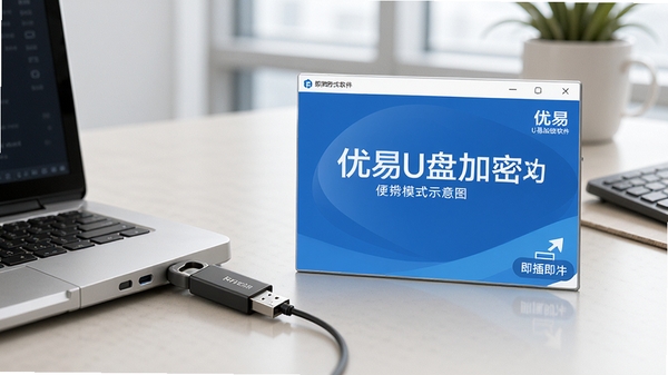 优易U盘加密软件便携模式示意图，展示U盘插入电脑后运行软件，界面简洁，背景为办公桌面，突出即插即用的便捷性，包含优易U盘加密软件名称