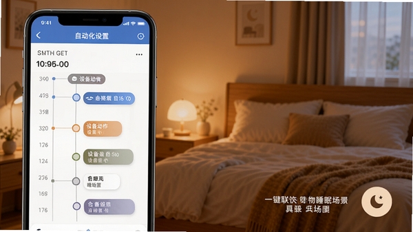 一合物联场景自动化设置界面截图，手机屏幕上显示时间轴与设备动作节点，背景为温馨的卧室环境，暗示一键切换睡眠场景，画面色调偏暖，突出智能化带来的舒适感。