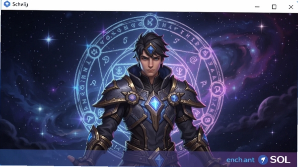 SOL: enchant安装器主界面展示，画面中央显示游戏角色半身像，背景为深邃的星空与魔法阵，整体色调蓝紫渐变，科技感与魔幻风结合，界面干净无遮挡，适配竖屏手机。