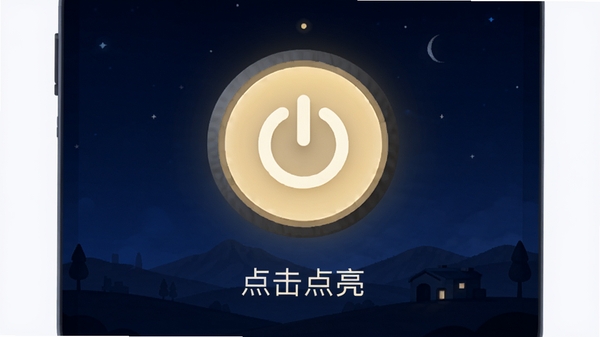 简用轻携手电筒主界面预览图，画面中央是一个巨大的圆形电源按钮，背景为深蓝色渐变模拟黑夜环境，按钮散发柔和暖黄色光芒，界面下方简洁显示“点击点亮”四个字，整体风格干净现代，突出极简与实用的产品气质。