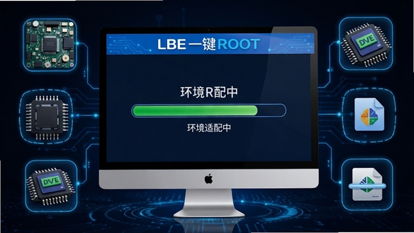 LBE一键ROOT智能检测功能示意图，画面中一台电脑屏幕显示检测进度条与“环境适配中”字样，周围环绕着主板、芯片、驱动程序等图标，整体风格科技感十足，软件名称LBE一键ROOT出现在屏幕顶部