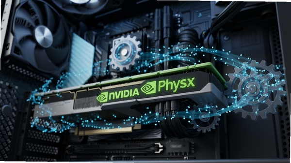 一幅现代台式电脑主机的内部特写,显卡上闪烁着绿色的NVIDIA PhysX字样,周围环绕着半透明的蓝色粒子流和齿轮状物理结构,背景是深邃的电路纹理,整体科技感强烈,画面主体清晰,光影层次分明,展示物理加速引擎的工作状态