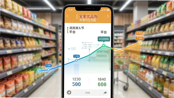 全家优品购价格对比功能截图,手机屏幕显示同款商品在不同平台的价格对比折线图,背景为超市货架虚化,突出数据清晰,图表配色鲜明,科技感与生活感结合,高清渲染