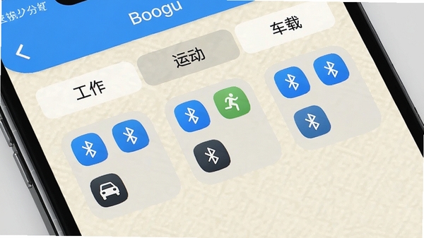 Boogu生成：蓝牙连接大师分组管理界面特写，手机屏幕上显示“工作”、“运动”、“车载”三个文件夹标签，每个文件夹内包含对应蓝牙设备图标，背景为浅色纹理，画面整洁有序，展示软件的分类管理功能。