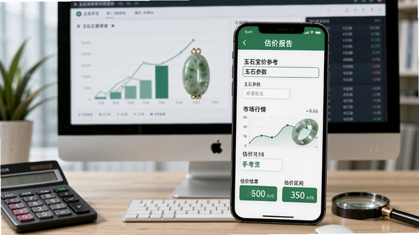 玉石宝估价参考界面,手机屏幕展示一块玉石手镯的估价报告,页面包含玉石参数输入框、市场行情曲线以及估价结果区间,背景为电脑屏幕显示着玉石交易数据图,桌面上有计算器和放大镜,整体风格专业、数据化,突出软件的估价参考功能