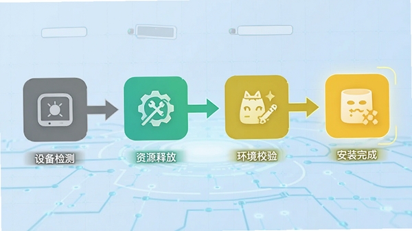 CatShinobi安装器一键部署流程图，采用分步式UI设计，从左至右依次显示设备检测、资源释放、环境校验、安装完成四个阶段，图标色彩由灰变亮，背景为淡蓝色科技网格，突出智能与自动化处理，文字标签为CatShinobi安装器