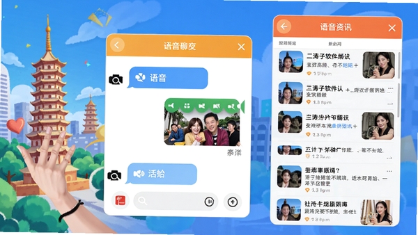 二涛子软件社交聊天功能示意图，模拟对话窗口展示语音、图片消息，背景融入同城地标建筑与资讯瀑布流，色彩活跃，体现社交与本地资讯结合的特色