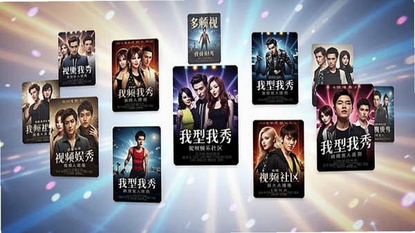 我型我秀视频娱乐社区视频分类展示图,画面呈现多个悬浮的影视海报缩略图,背景为明亮的光影效果,营造出丰富的资源库视觉氛围,突出多元化内容特色