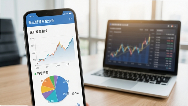 海证期货通资金分析功能示意图,画面中手机界面显示账户权益曲线图与饼状图持仓分布,背景为办公桌与笔记本电脑,整体色调明亮,强调数据可视化与资产管理