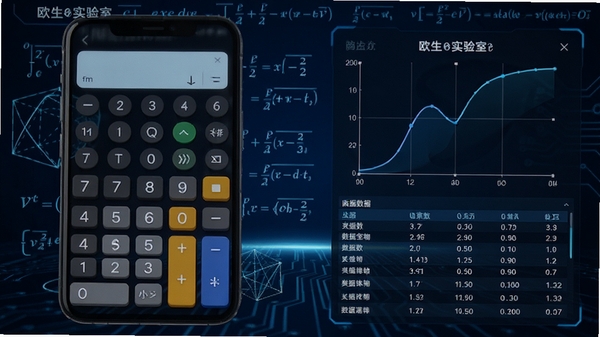欧拉实验室主界面功能总览，左侧显示科学计算器按键布局，右侧展示函数曲线图与数据表格，背景为深蓝色科技感界面，突出数学公式与几何图形元素，整体画面专业且富有现代感，适配手机竖屏展示