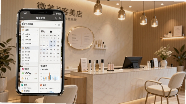 微美客美店管理系统全貌预览图,画面展示手机界面上的店铺管理后台,包含会员列表、预约日历、营收图表等模块,背景为现代简洁的美容院前台场景,暖色调灯光,细节丰富,风格写实清晰
