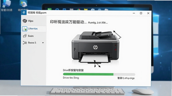 打印机万能驱动主界面预览图，画面展示软件自动检测到一台惠普打印机，并显示驱动安装进度条，背景为简洁的电脑桌面，整体风格清爽专业，突显软件智能安装的核心功能