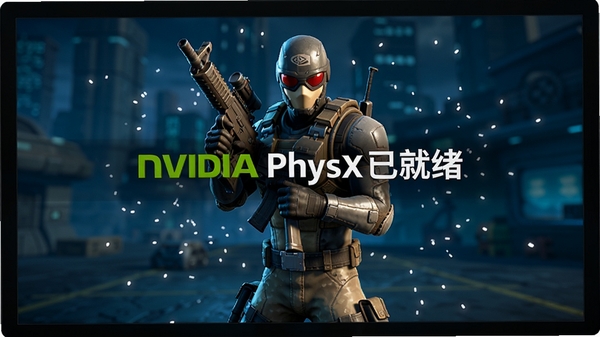 电脑屏幕上显示着一款动作游戏的启动画面,中央醒目地提示“NVIDIA PhysX已就绪”,背景是游戏角色持枪站立,周围环绕着微小的白色粒子光点,画面清晰,色彩饱满,传达出游戏准备就绪的安心感