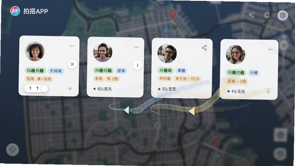 拍搭APP的智能匹配界面功能展示，界面显示多个用户卡片，每张卡片上有头像、兴趣标签和距离信息，背景是模糊的城市地图，界面有滑动与匹配的动画轨迹，风格现代，UI界面截图风格，高清晰度