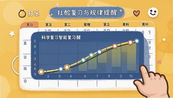学英语背单词智能复习提醒界面,日历上显示记忆曲线图,有多个打卡点,背景为暖黄色调,卡通风格,体现科学复习与规律学习概念