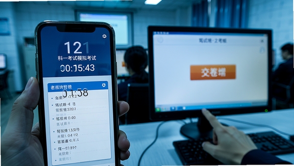 科一考试模拟考试界面，手机屏幕显示倒计时和答题卡，背景为真实驾考机房，电脑屏幕显示交卷按钮，考生手指点击屏幕，整体色调偏冷色，突出考试的严肃氛围