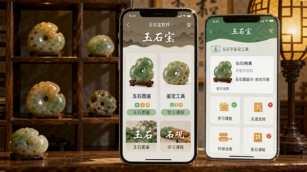 玉石宝软件主界面展示,手机屏幕中显示一款名为玉石宝的安卓应用,界面包含玉石图鉴、鉴定工具、学习课程等模块,背景为淡雅的中式书房场景,木质博古架上摆放着几块温润的玉石原石,暖黄色灯光营造出古朴典雅的氛围,整体画面清晰明亮,突出软件的实用功能与文化底蕴