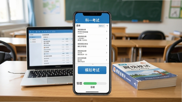 科一考试软件主界面展示，手机屏幕显示题库列表、模拟考试按钮和答题进度条，背景为驾驶培训教室场景，木色书桌上有笔记本电脑和驾驶理论教材，整体色调明亮清晰，采用写实风格，突出学习氛围