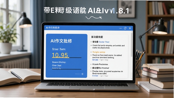 英语语法AI版v1.8.1版本更新功能展示,画面中央为AI作文批改界面,显示评分与修改意见,背景为学习场景,暗示版本升级带来的新功能