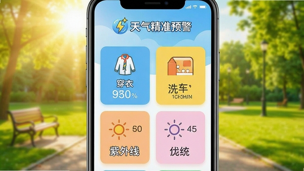 生成一张展示生活指数功能的手机界面图，画面以清爽的卡片式布局呈现穿衣、洗车、紫外线等图标与建议，背景为阳光明媚的公园场景，整体风格活泼明快，顶部带有“天气精准预警”logo