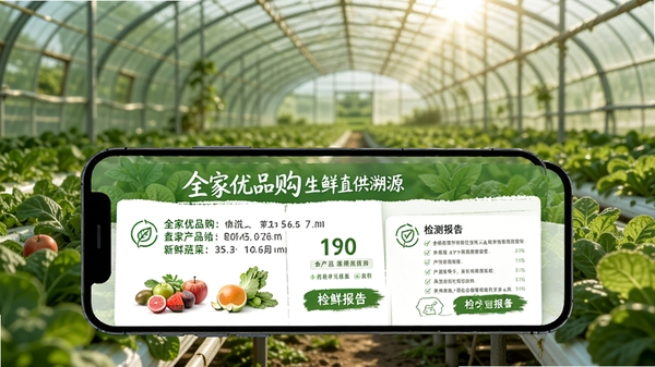 全家优品购生鲜直供溯源页面,手机屏幕展示水果蔬菜产地信息和检测报告,背景是绿色田园大棚,阳光洒落,画面清新自然,强调食品安全与新鲜度,高清细节