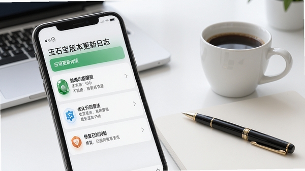 玉石宝版本更新日志界面,手机屏幕显示应用更新详情,包括新增功能播报、优化识别算法、修复已知问题等条目,背景为简洁的现代办公桌面,有一杯咖啡和一支笔,画面干净整洁,突出软件的迭代升级信息